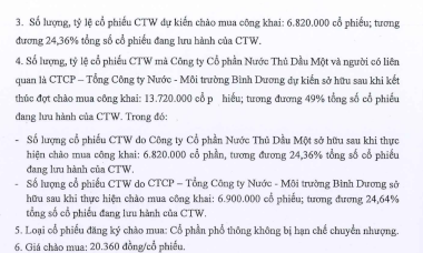 Nước Thủ Dầu Một (TDM Water) muốn thâu tóm 24% của Cấp thoát nước Cần Thơ (CTW)