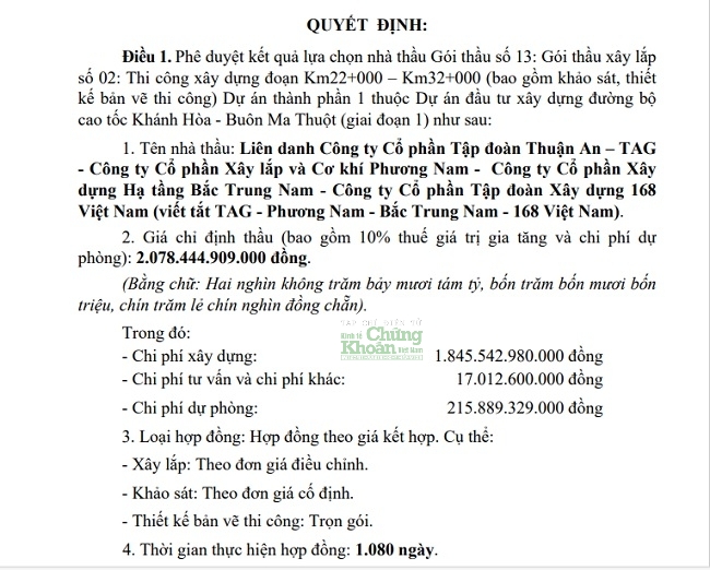 Bắc Trung Nam, 168 liên danh với Tập đoàn Thuận An tại gói thầu thuộc cao tốc Khánh Hòa - Buôn Mê Thuột