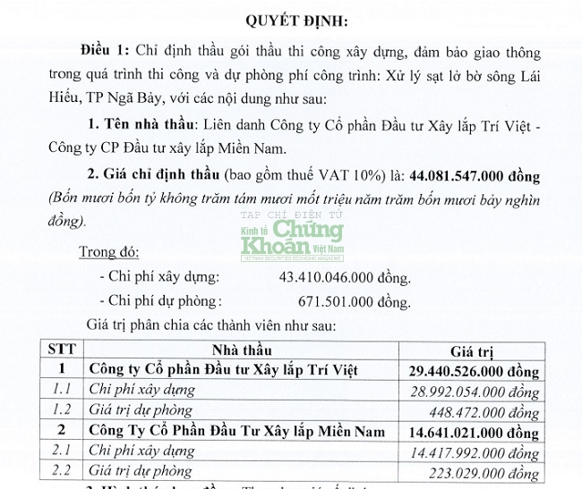 Liên danh Xây lắp Miền Nam - Trí Việt vừa được chỉ định thầu gói xử lý sạt lở bờ sông Lái Hiếu