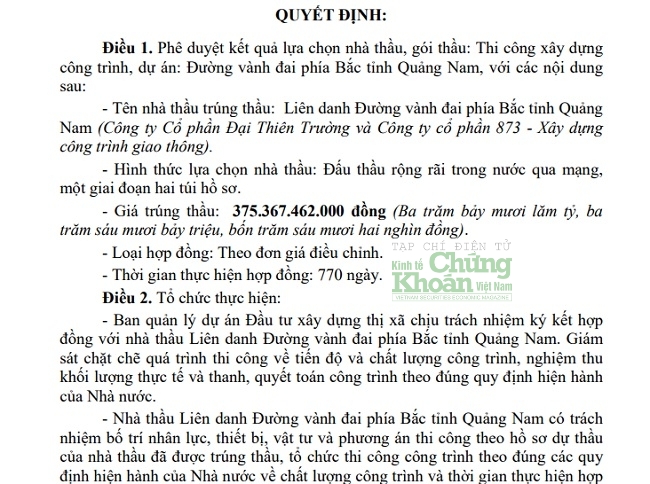 Đấu thầu tại Quảng Nam: Cặp đôi Đại Thiên Trường – 873 ‘về nhất’ ở gói thầu đường vành đai 412 tỷ đồng