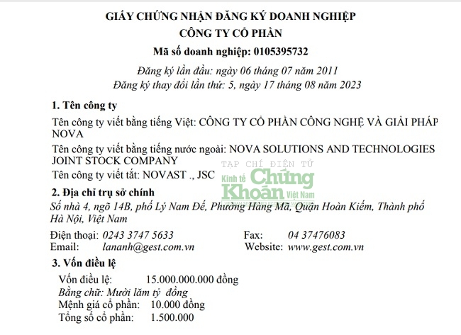 Thông tin về Công ty CP Công nghệ và Giải pháp NOVA trong lần đăng ký thay đổi mới nhất