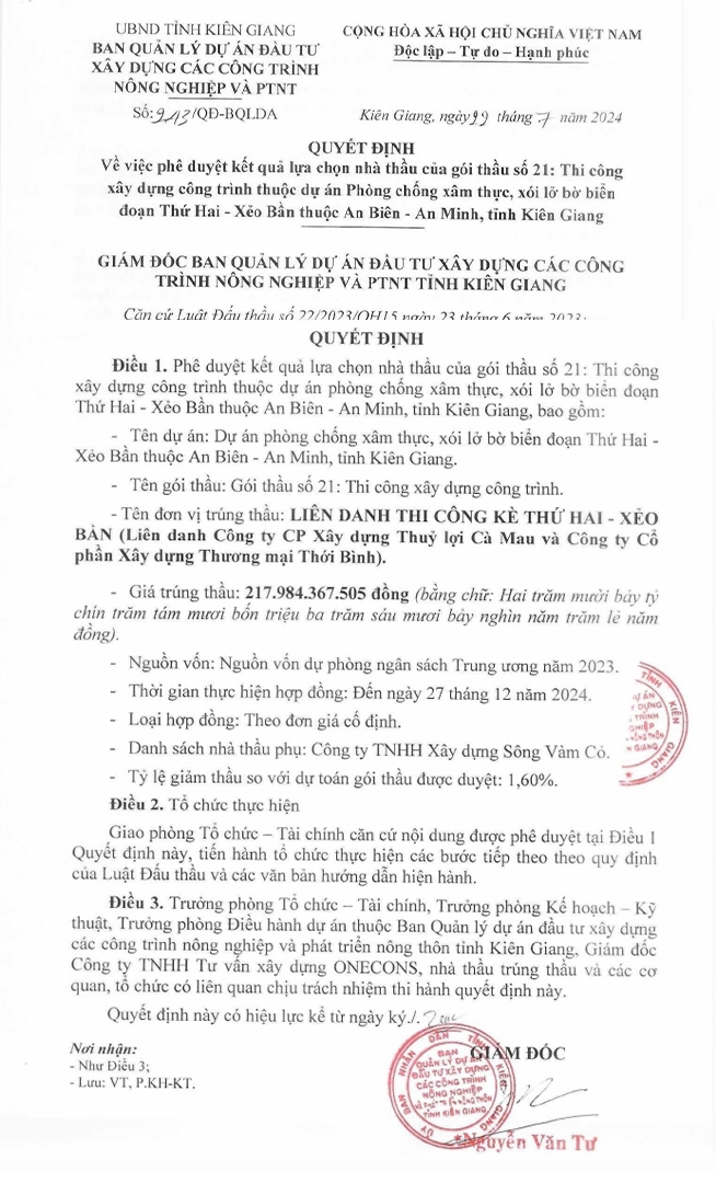 Liên danh 1 là Công ty CP xây dựng thủy lợi Cà Mau – Công ty CP xây dựng thương mại Thới Bình trúng gói thầu số 21 tại