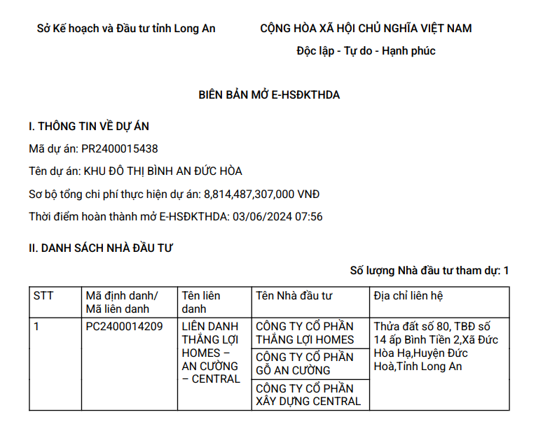 Biên bản mở hồ sơ đăng ký thực hiện dự án Khu đô thị Bình An Đức Hòa