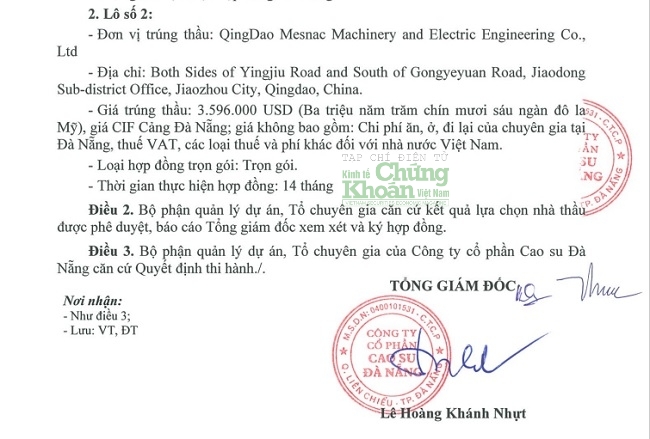 Quyết định phê duyệt do TGĐ Cao su Đà Nẵng, ông Lê Hoàng Khánh Nhựt ký