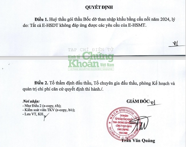 Quyết định hủy gói thầu 253,9 tỷ đồng vừa được ông Trần Văn Quảng, GĐ Kho vận và Cảng Cẩm Phả ký