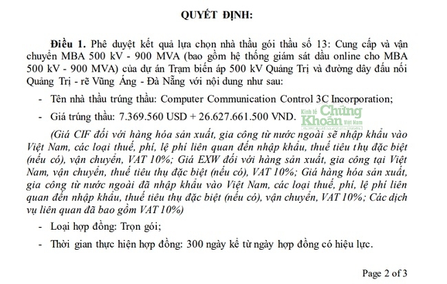 Gói thầu tại Ban QLDA Điện miền Trung vừa về tay 3C INC