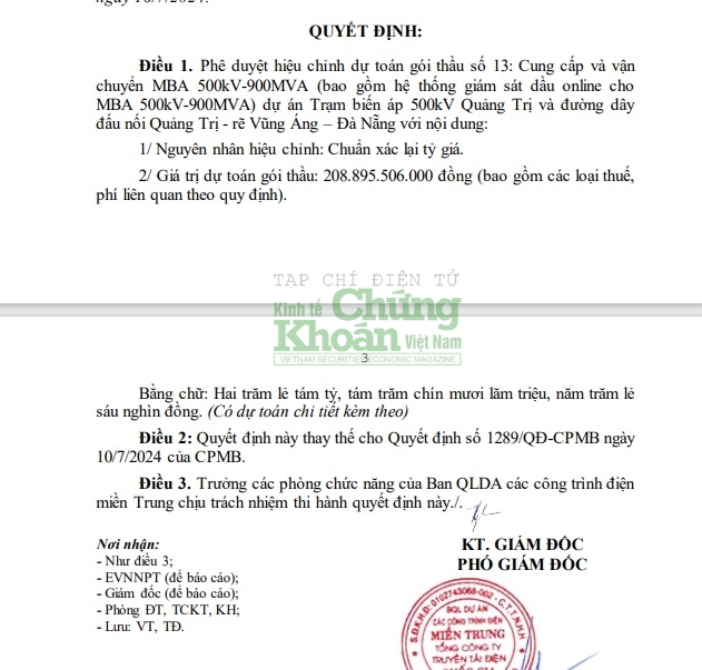 Quyết định hiệu chỉnh giá gói thầu do ông Bùi Công Cường, PGĐ Ban QLDA Điện miền Trung ký