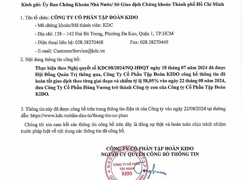 Công ty CP Tập đoàn Kido (HoSE: KDC) do đại gia Trần Kim Thành đứng đầu vừa hoàn tất giao dịch, nắm giữ 58,05% cổ phần của Thủy sản Hùng Vương (HVG)